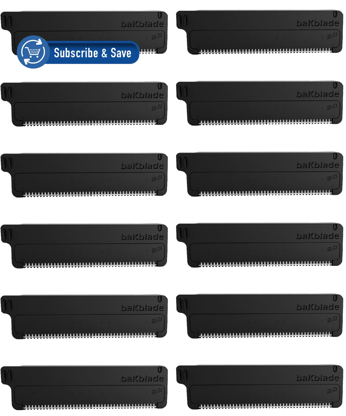 BAKBLADE front packaging showing 12 cartridge refill and cleaning brush for convenience