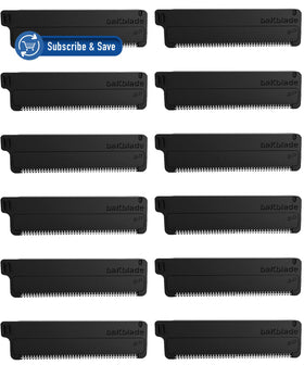 BAKBLADE front packaging showing 12 cartridge refill and cleaning brush for convenience