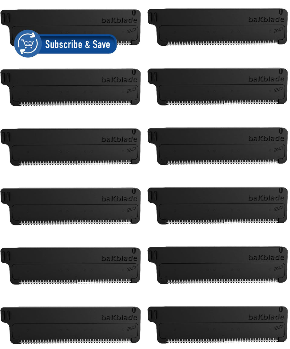 BAKBLADE front packaging showing 12 cartridge refill and cleaning brush for convenience