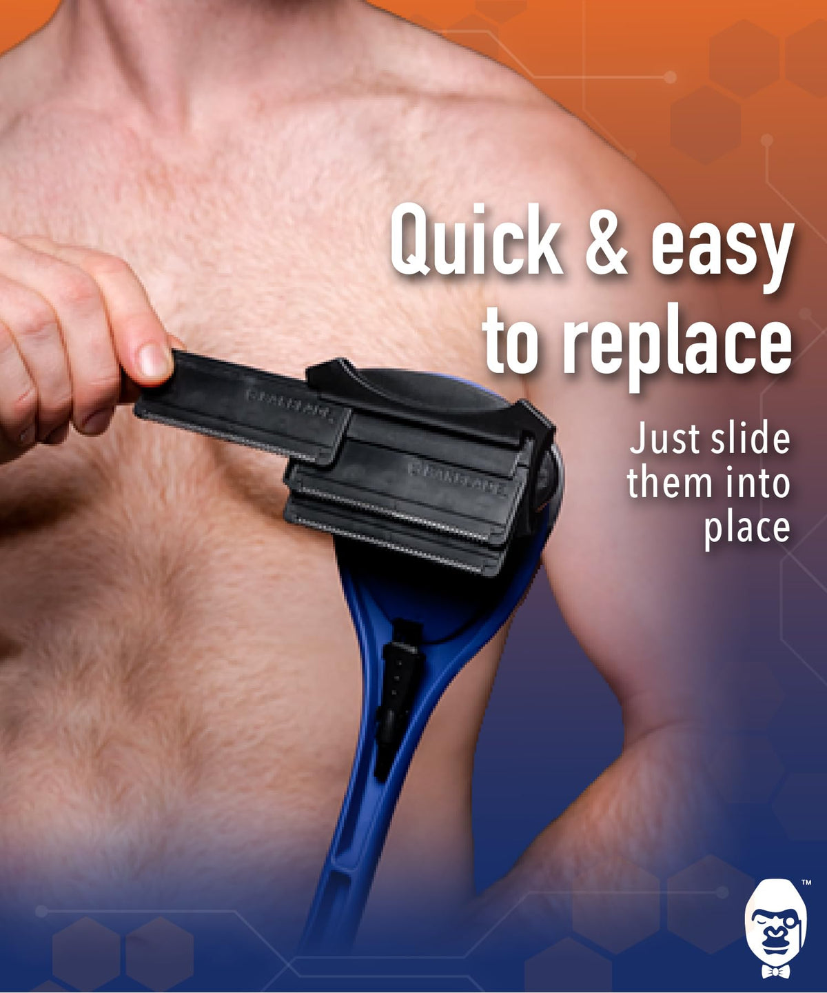 BAKBLADE cartridge insertion action into shaver housing demonstrating easy tool-free replacement