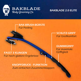 BAKBLADE size comparison beside hand showing 18-inch reach unfolded