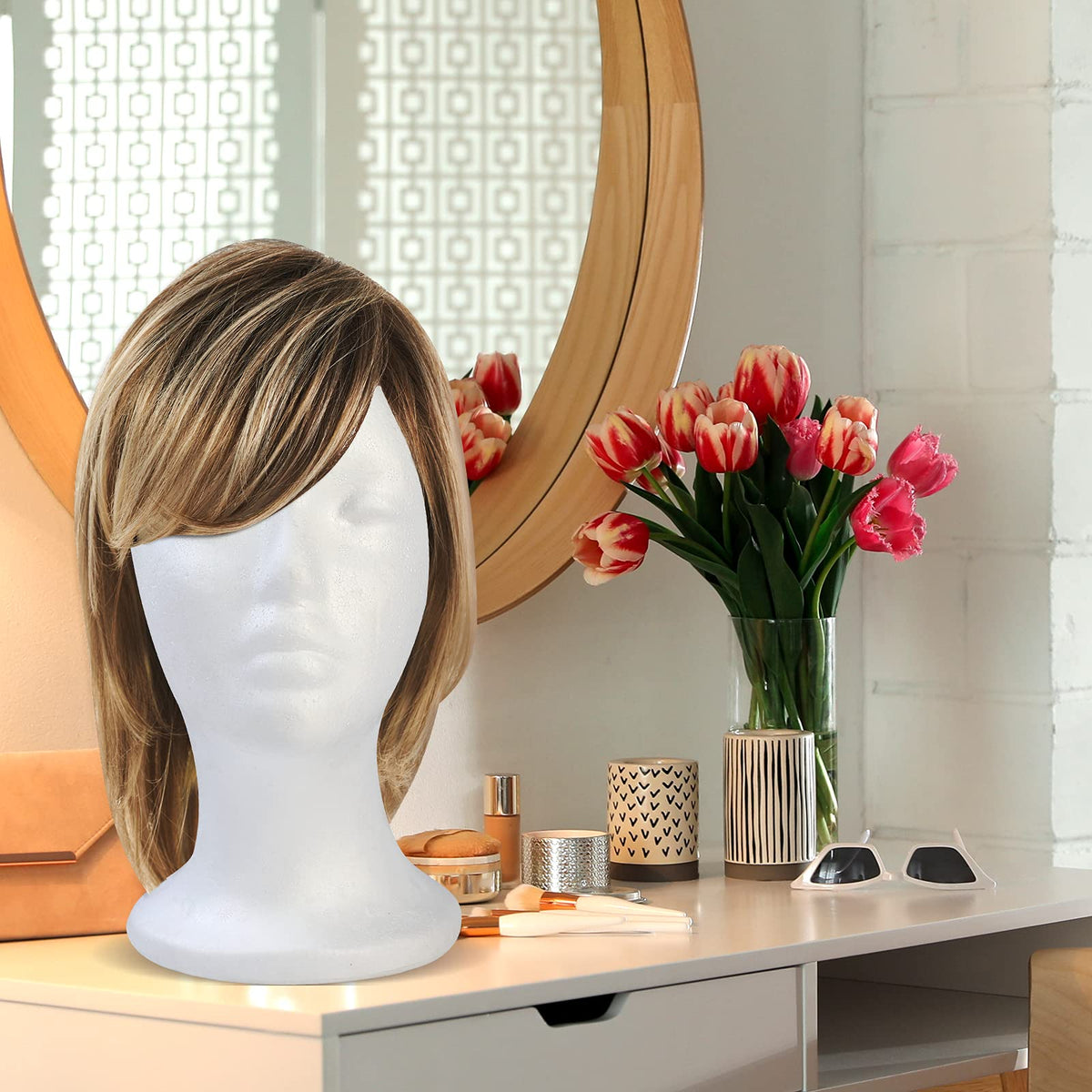 BALABALA foam head with wig mounted demonstrating hands-free styling benefit