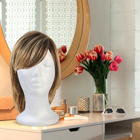 BALABALA foam head with wig mounted demonstrating hands-free styling benefit