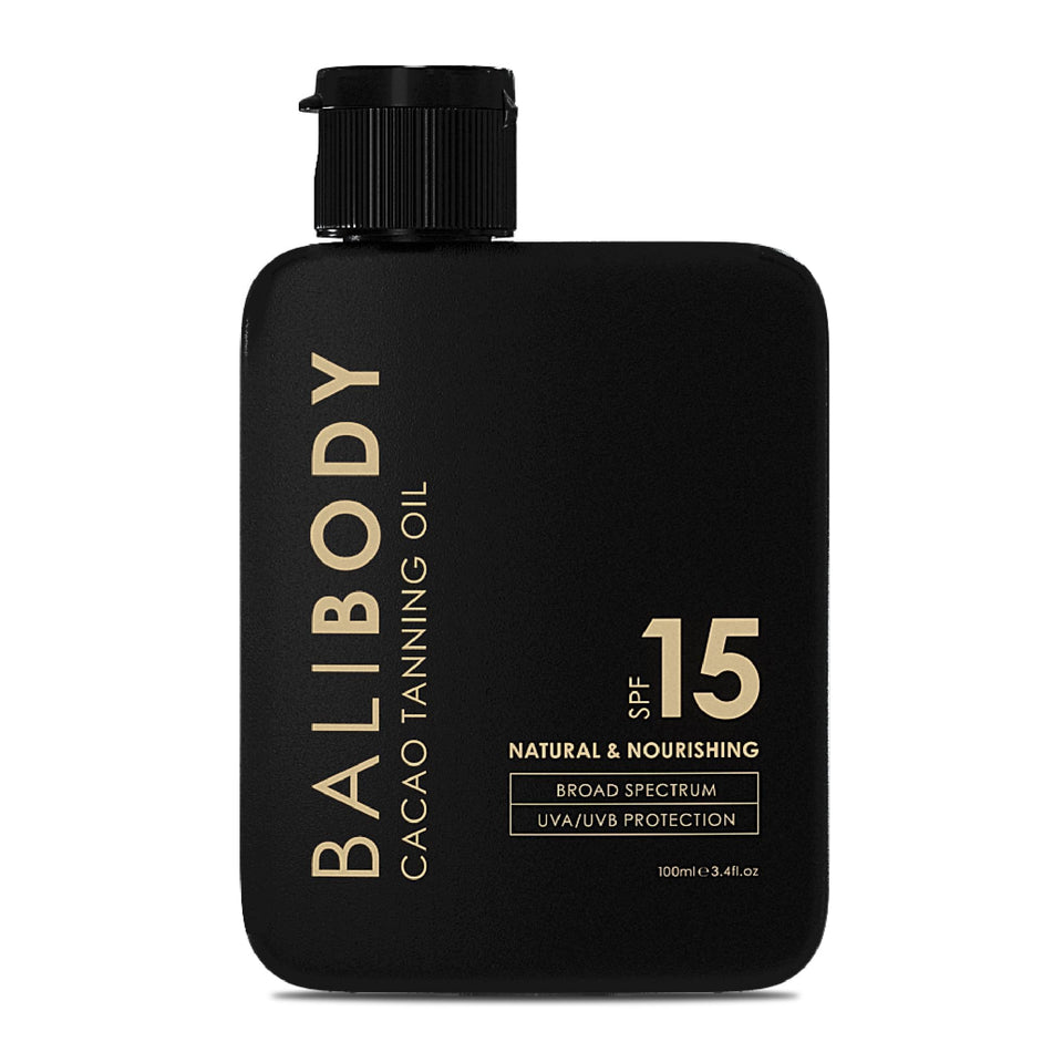BALI BODY front bottle shot showing cacao tanning oil and elegant packaging
