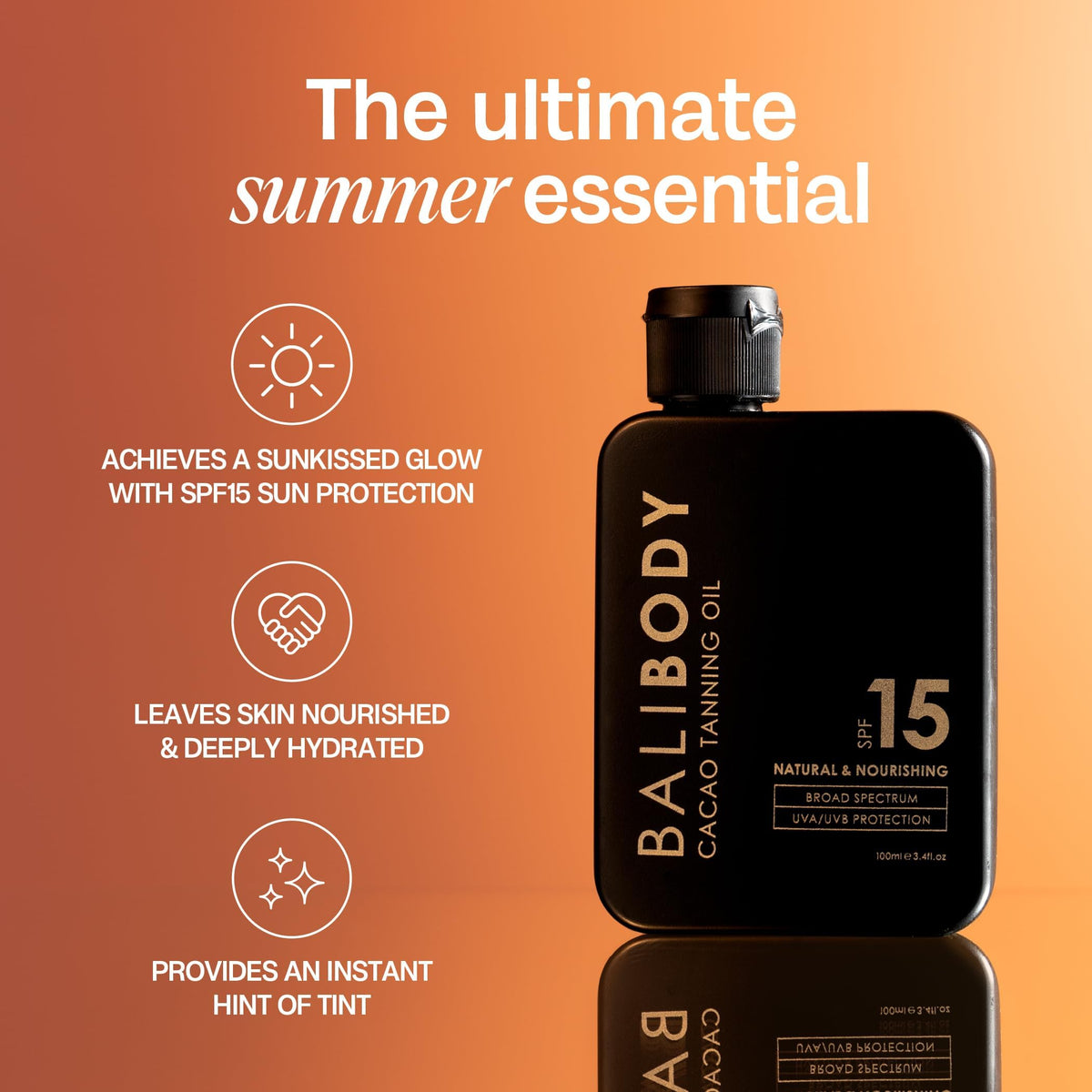 BALI BODY bottle in beach bag conveying portable sun-glow convenience
