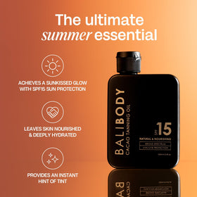 BALI BODY bottle in beach bag conveying portable sun-glow convenience