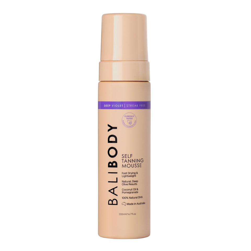 BALI BODY front packaging showing deep violet self tanning mousse benefit instant guide tint