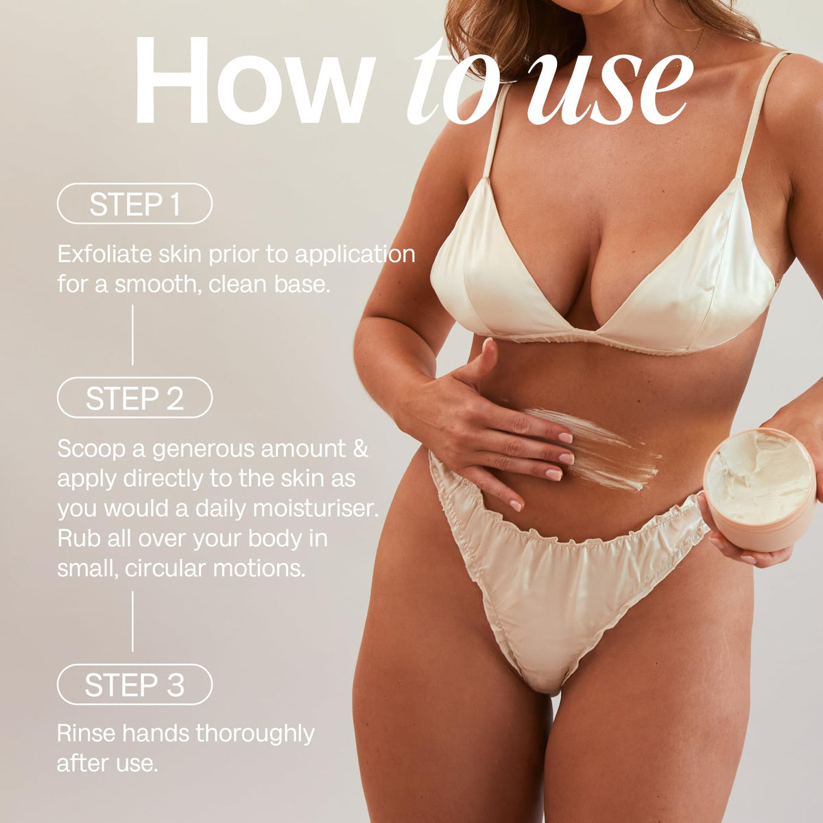 Bali Body in a beach-towel setting suggesting natural-looking sunless glow