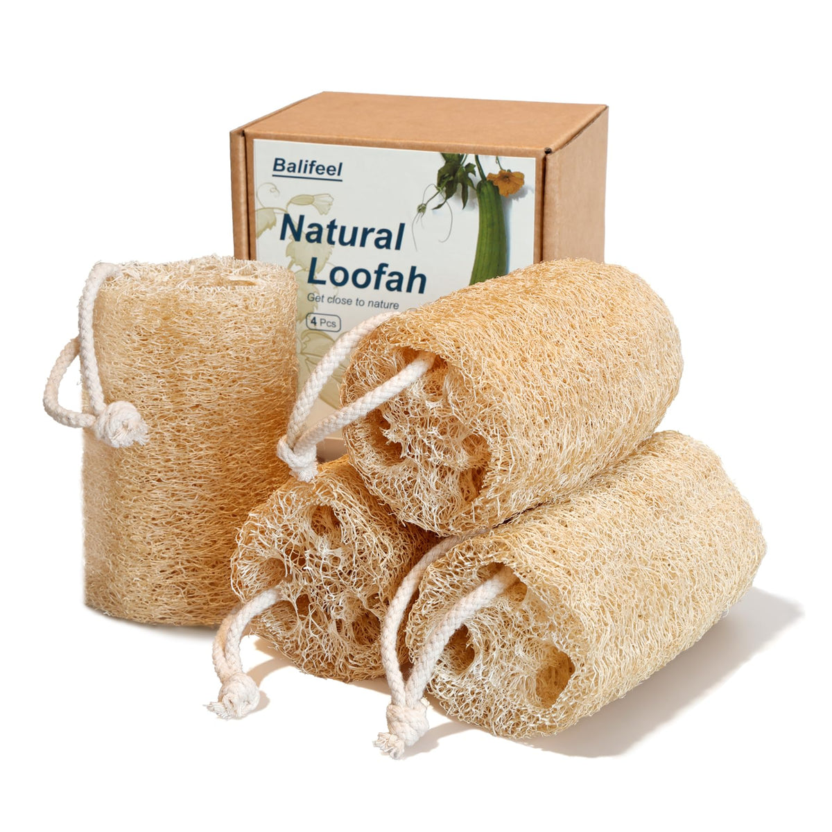 Balifeel front packaging showing four natural loofah sponges and eco benefit