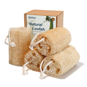 Balifeel front packaging showing four natural loofah sponges and eco benefit