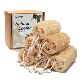 Balifeel front packaging showing six natural loofah sponges and eco benefits