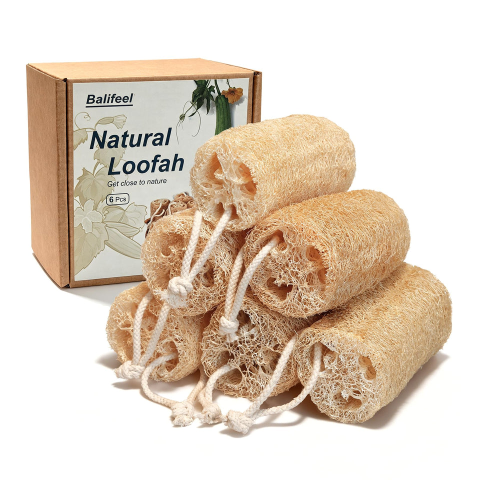 Balifeel front packaging showing six natural loofah sponges and eco benefits