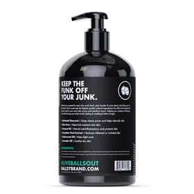Ballsy lifestyle bathroom shelf with bottle portraying everyday grooming benefit