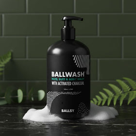 Ballsy lather close-up highlighting charcoal texture and deep clean benefit