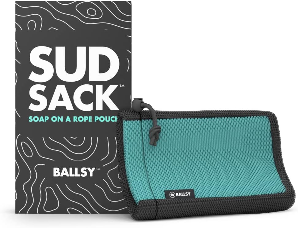 Ballsy Sud Sack front view showing blue pouch and soap-holding benefit