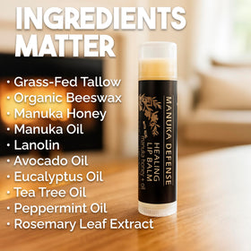 BALM OF GILEAD ingredients display with Manuka and tea tree for soothing support