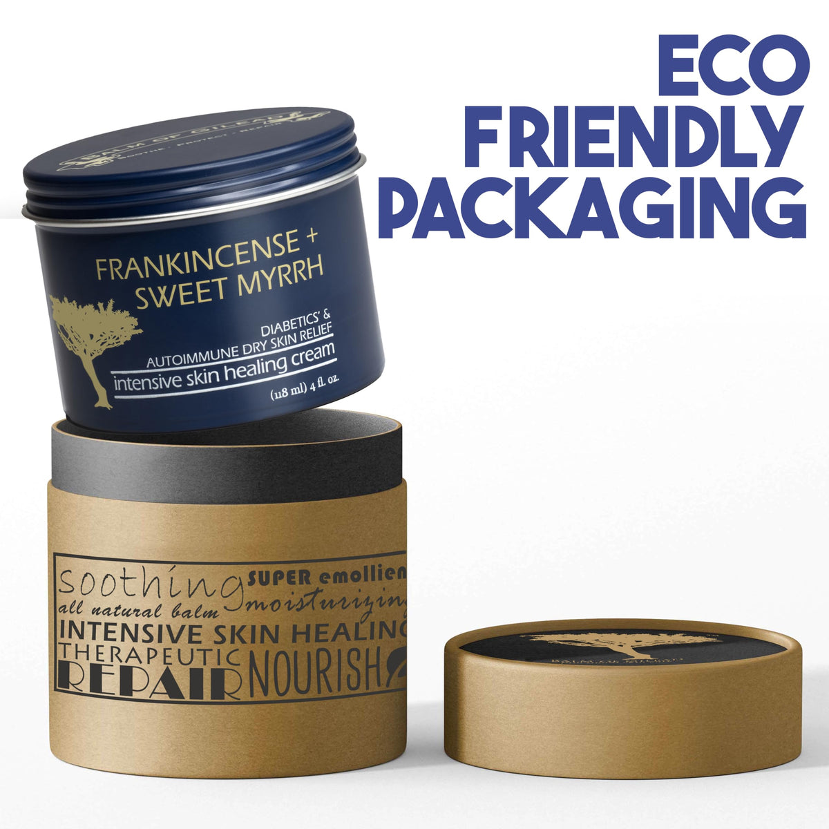 BALM OF GILEAD ingredient label closeup showing frankincense and myrrh sourcing benefit