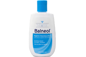 Balneol lotion texture close-up on palm, Balneol shows silky gentle cleansing benefit