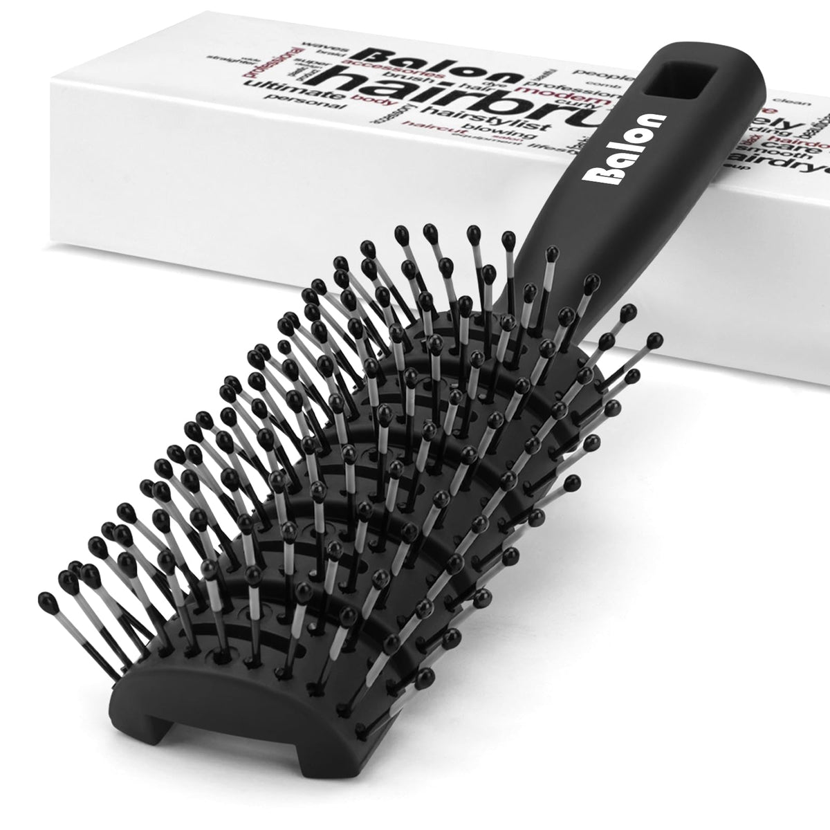 BALON front view of black vented hair brush showing design and finish and faster drying