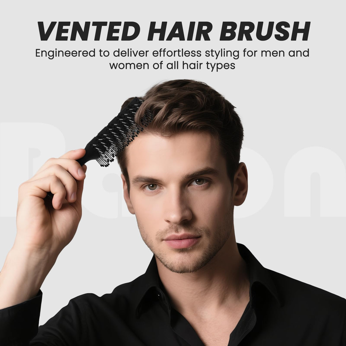 BALON brush in use with hair dryer speeding dry time and reducing frizz