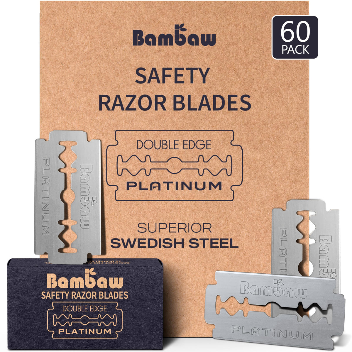 Bambaw pack front view showing recyclable kraft box and 60 blades benefit sustainability