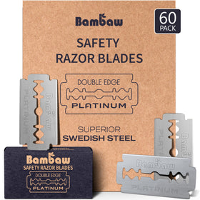 Bambaw pack front view showing recyclable kraft box and 60 blades benefit sustainability