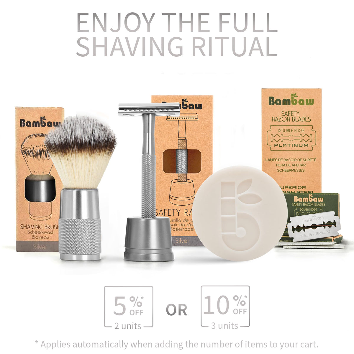 Bambaw packaging and five wrapped blades highlighting included starter set
