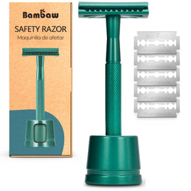 Bambaw sea green razor front view showing sleek metal design and durability