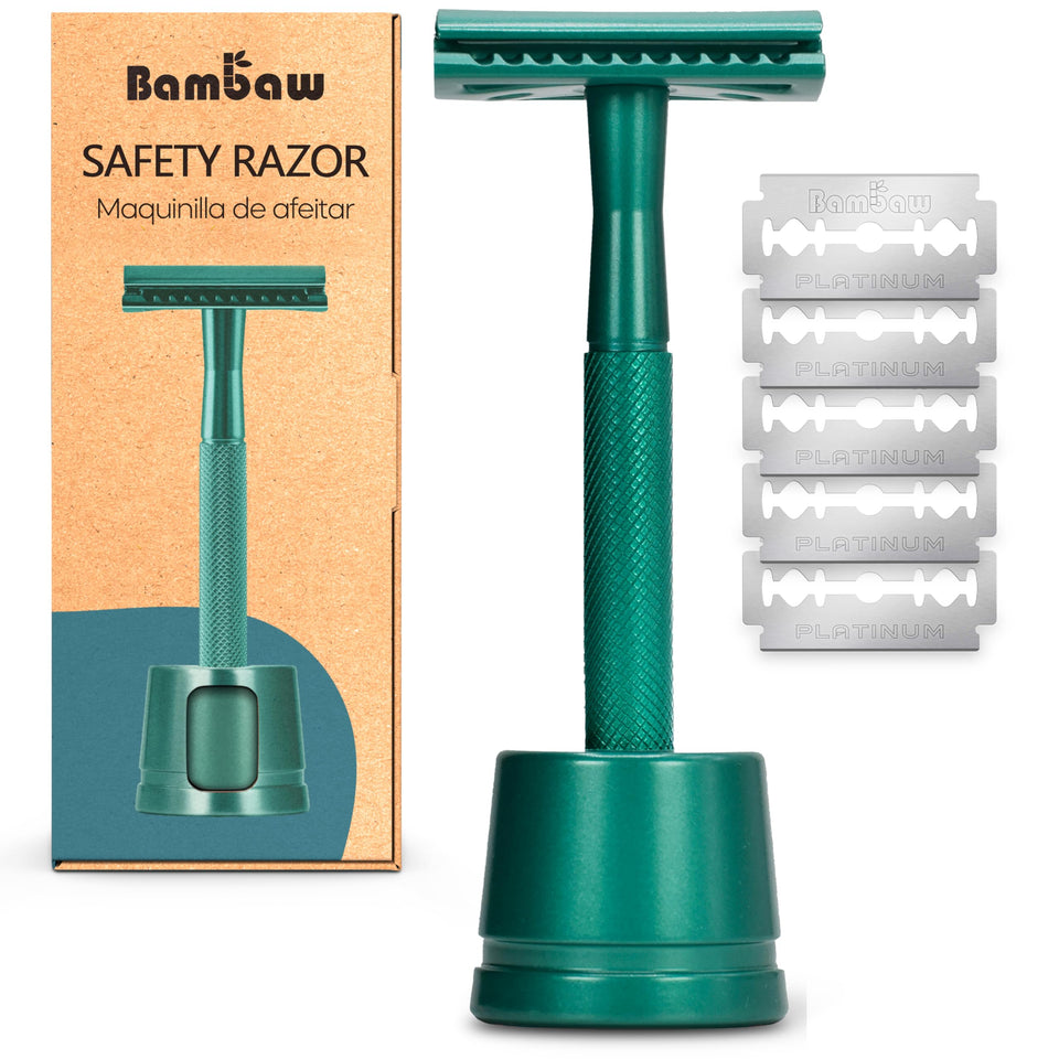 Bambaw sea green razor front view showing sleek metal design and durability
