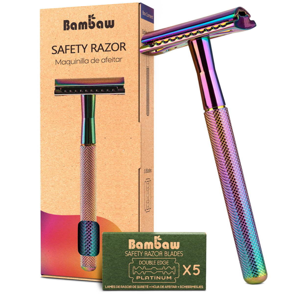 Bambaw razor front view showing rainbow handle and metal head for durable shave