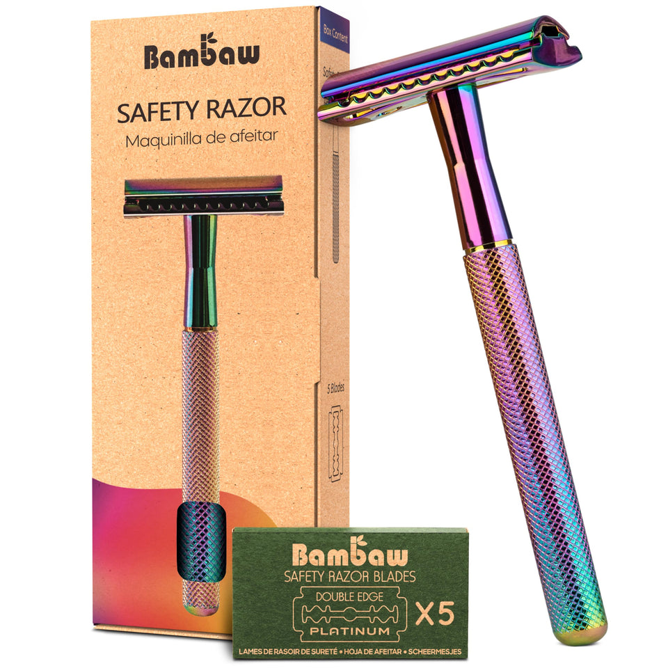 Bambaw razor front view showing rainbow handle and metal head for durable shave