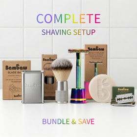 Bambaw razor next to blades for scale showing compact reusable shaving set
