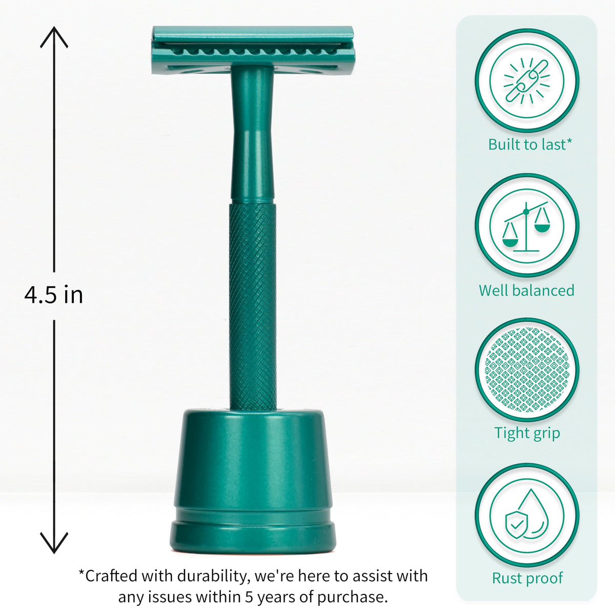 Bambaw razor with stand close-up showing handle texture and stable storage benefit