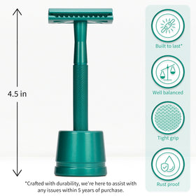 Bambaw razor with stand close-up showing handle texture and stable storage benefit