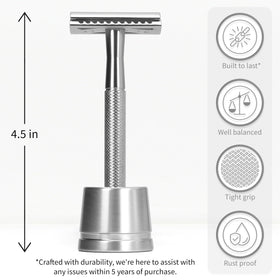 Bambaw razor on included stand keeping the blade dry and organized