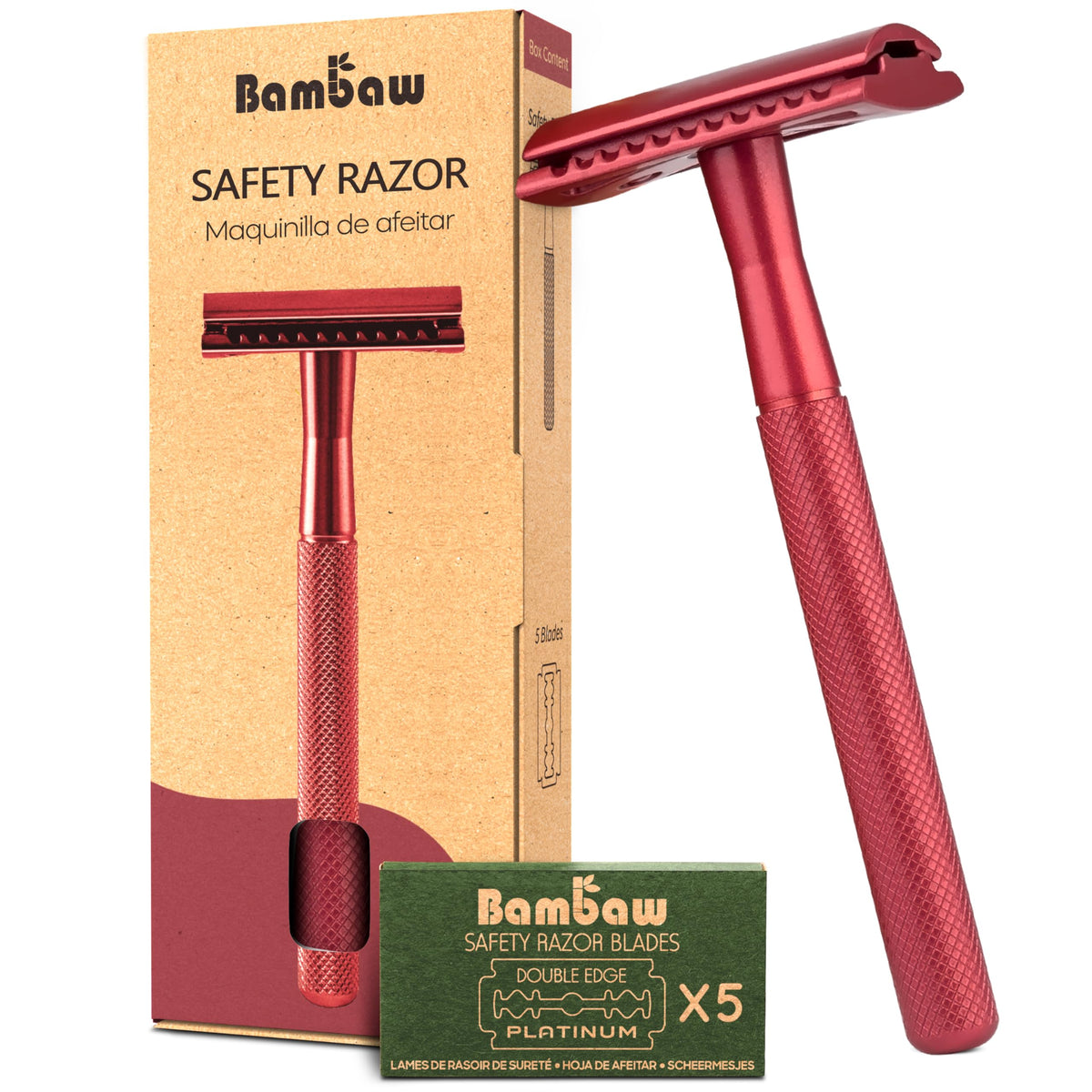 Bambaw red safety razor front view showing durable metal and classic design benefits