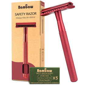 Bambaw red safety razor front view showing durable metal and classic design benefits