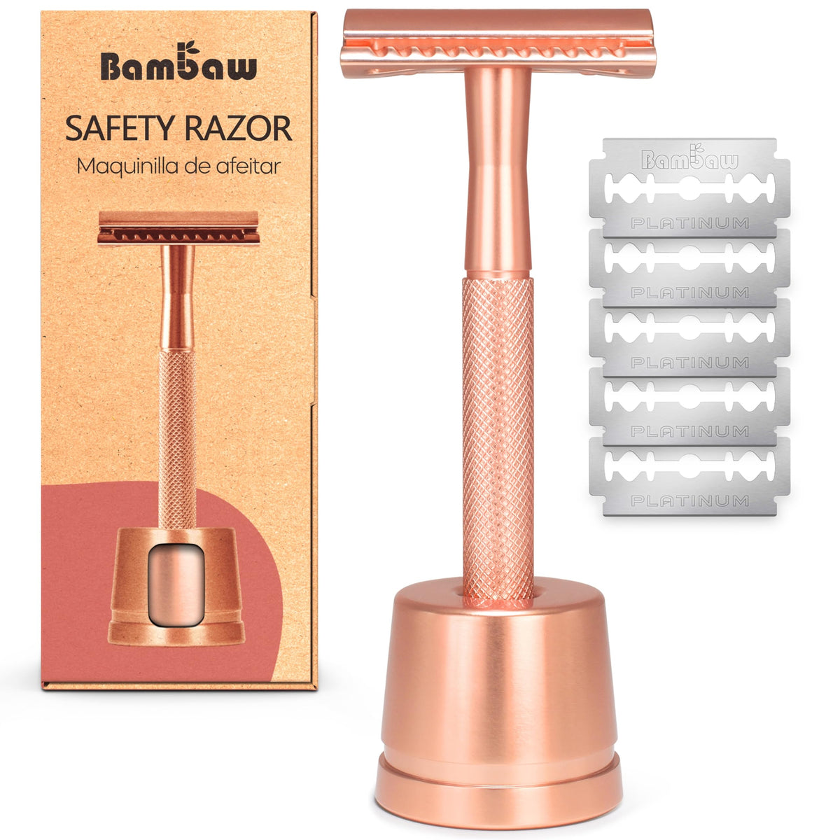 Bambaw rose gold razor front view showing elegant finish and durable design