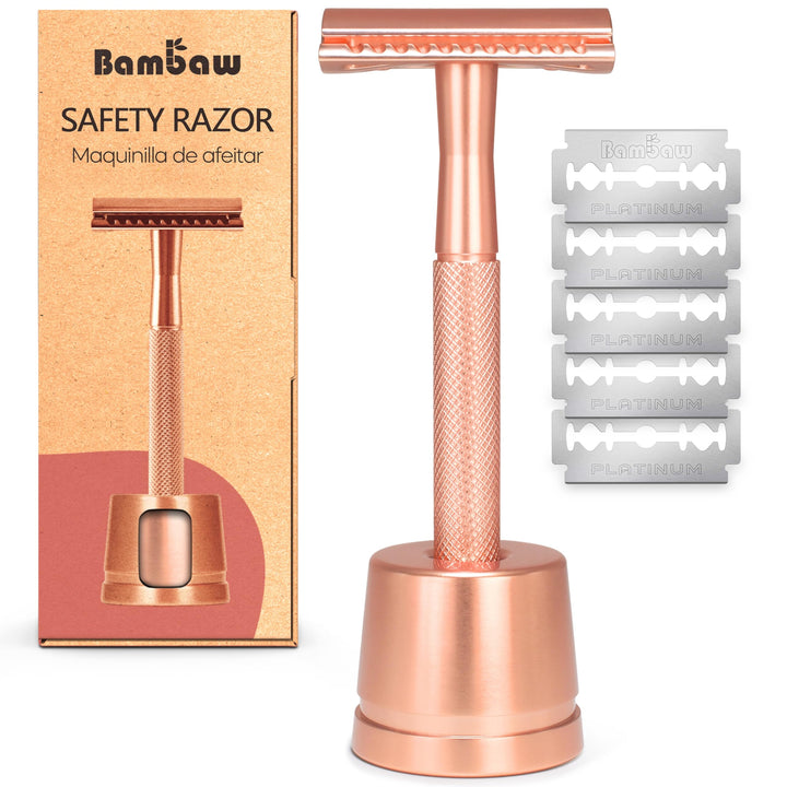 Bambaw rose gold razor front view showing elegant finish and durable design