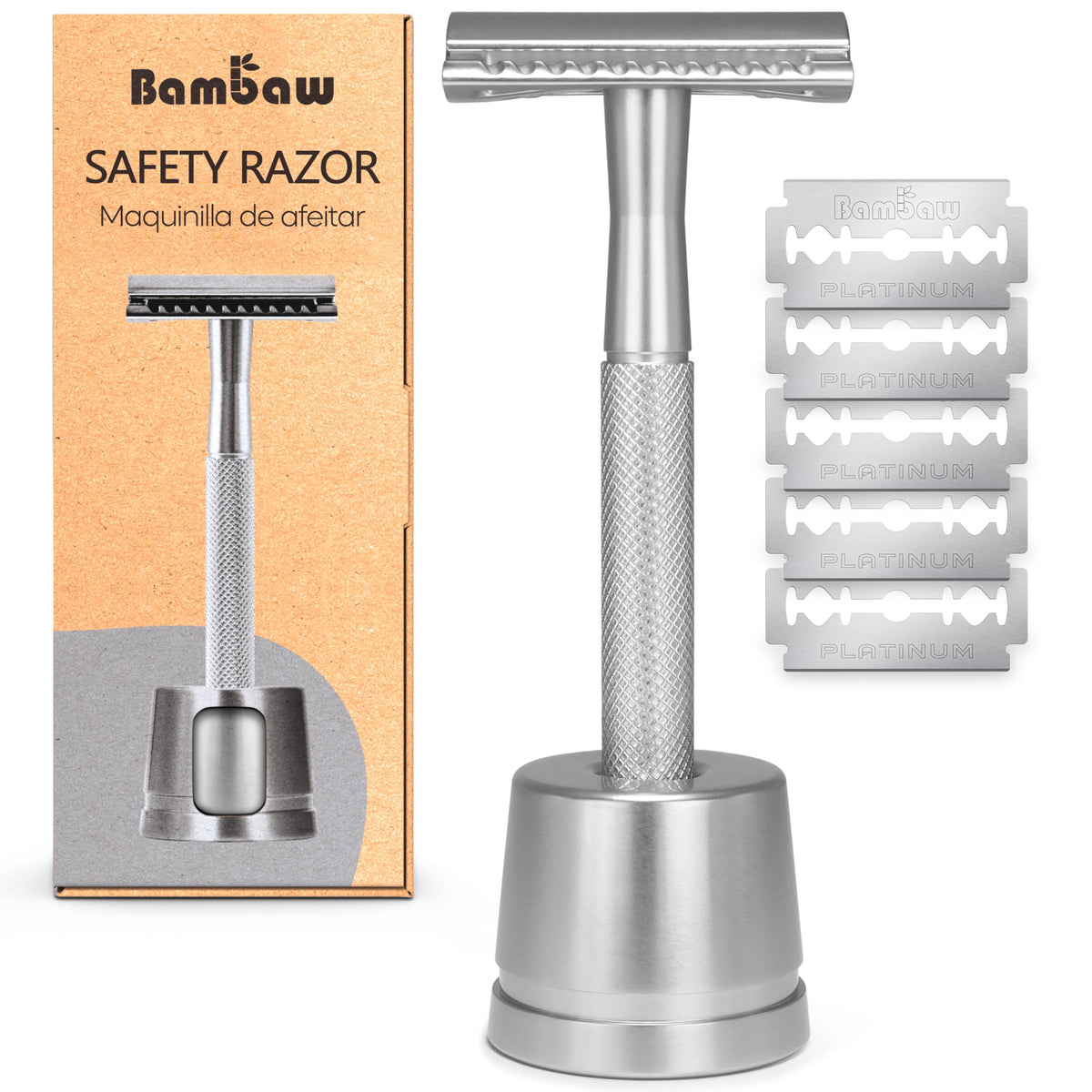 Bambaw safety razor front view showing metal finish and efficient shave