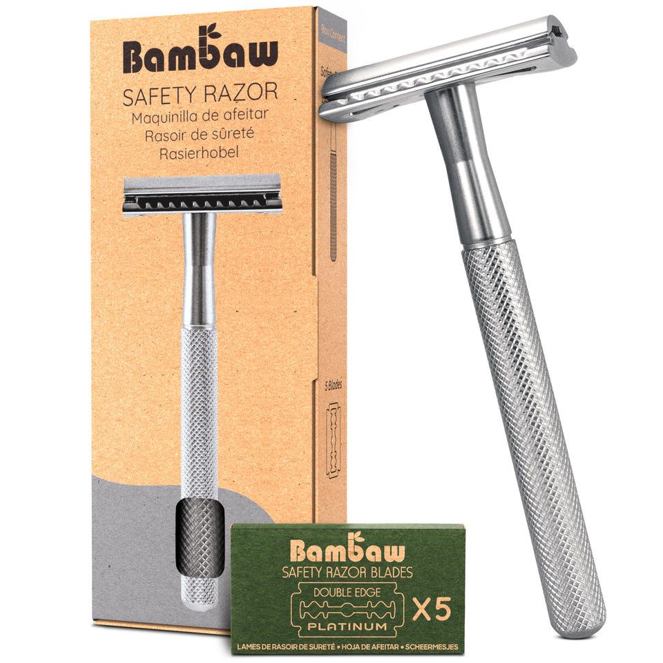 Bambaw silver razor front view showing durable metal finish and sleek shape