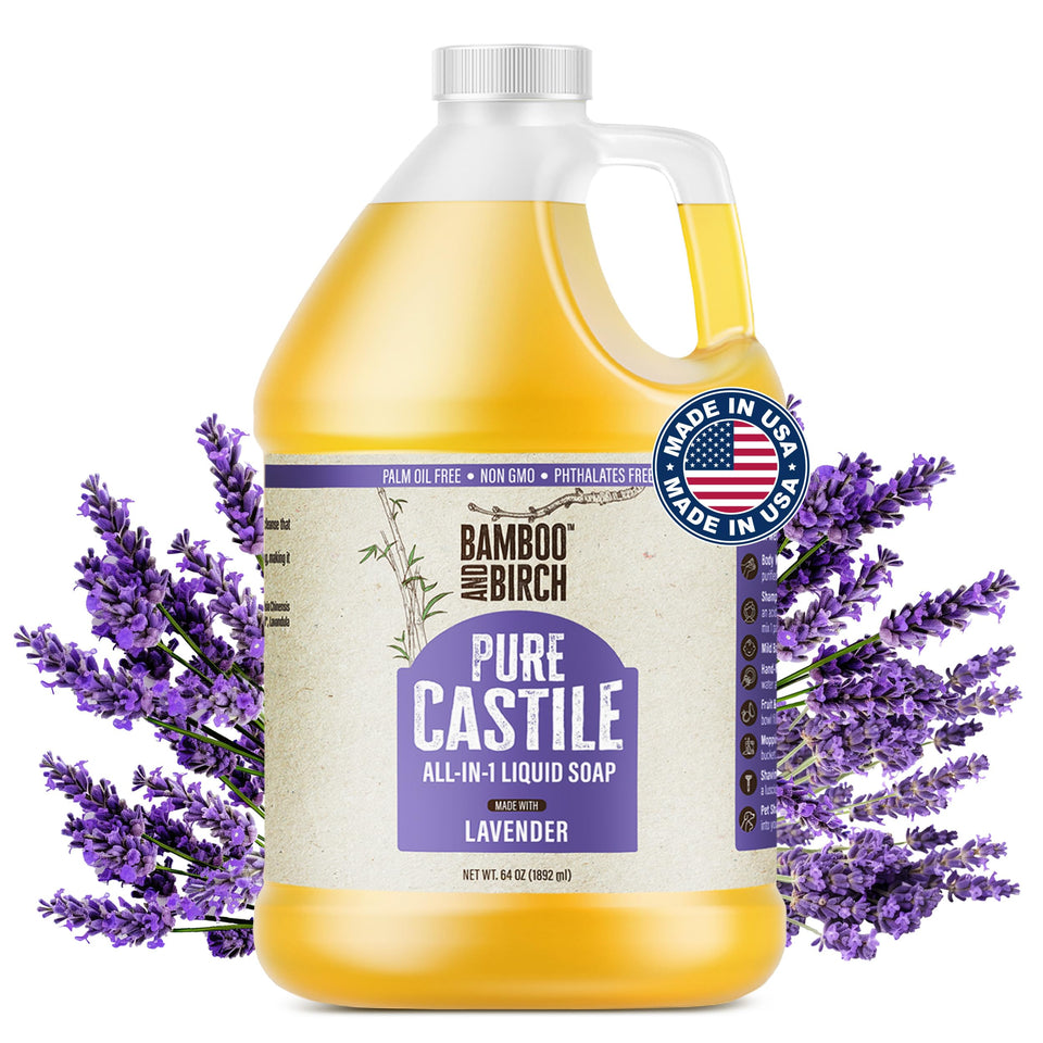 BAMBOO AND BIRCH front label on 64 oz lavender Castile soap showing product identity and size benefit