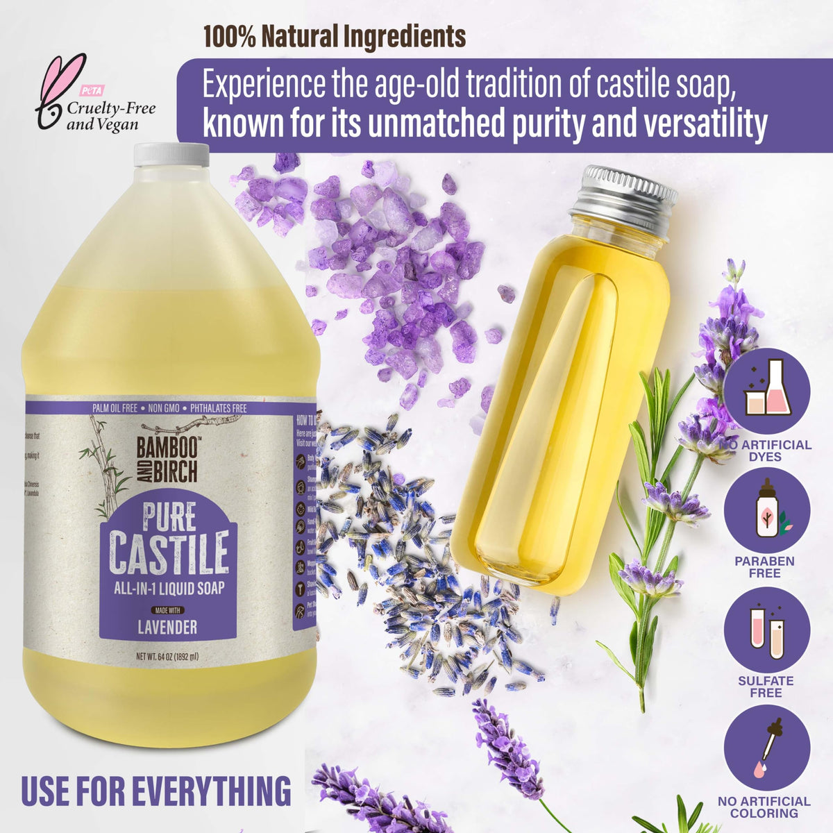 BAMBOO AND BIRCH placed in a bathroom setting illustrating calming lavender scent and daily use