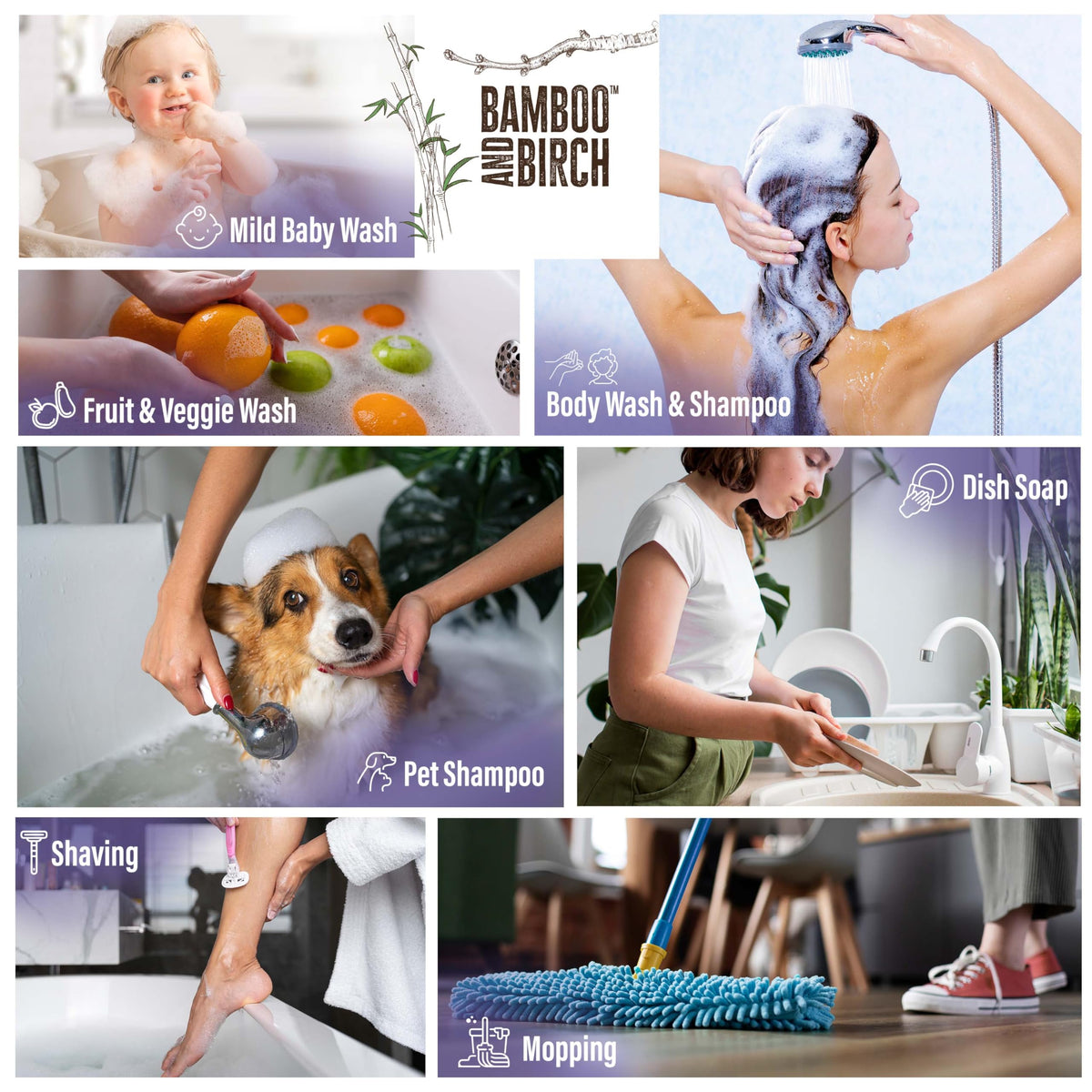 BAMBOO AND BIRCH pouring lavender Castile soap into a dispenser demonstrating easy dilution and economy