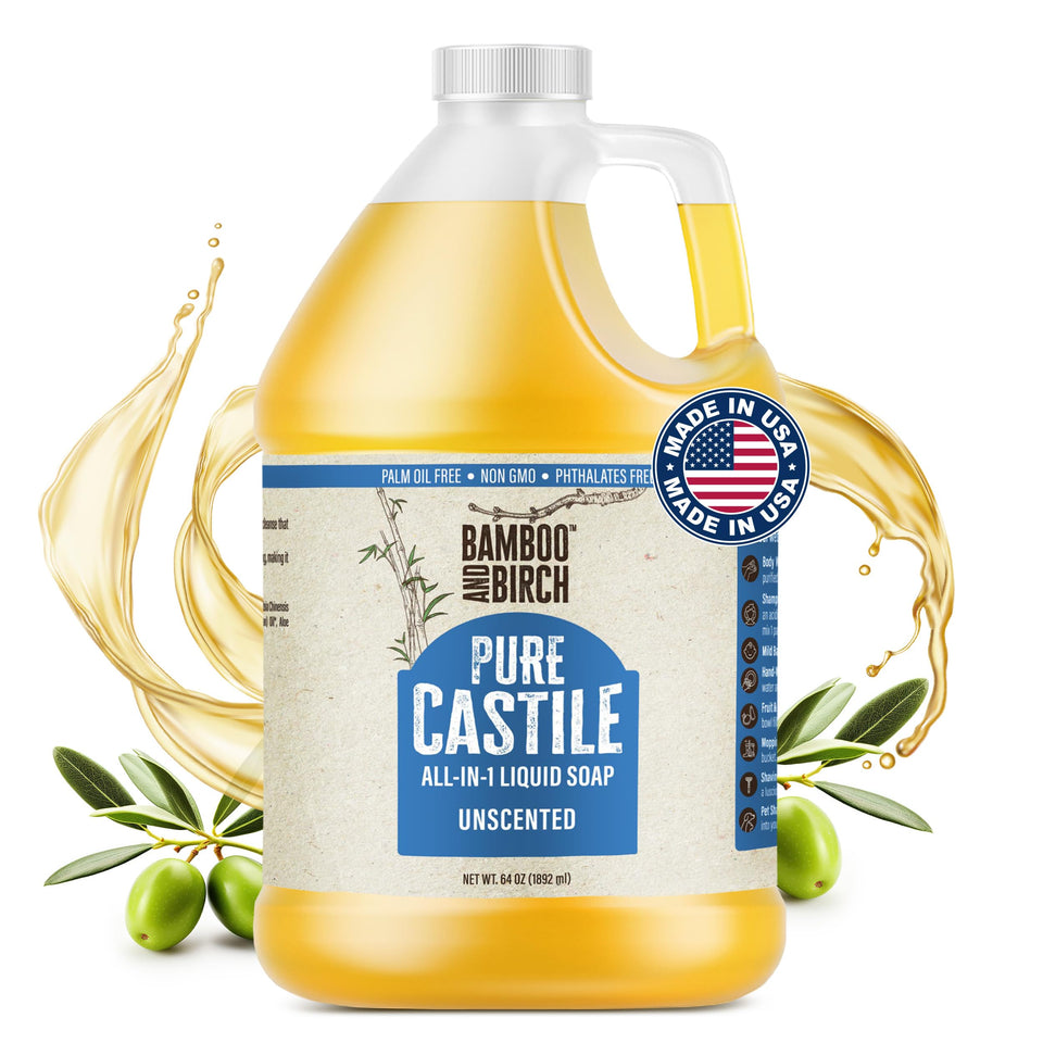 BAMBOO AND BIRCH front label showing unscented 64 oz benefits