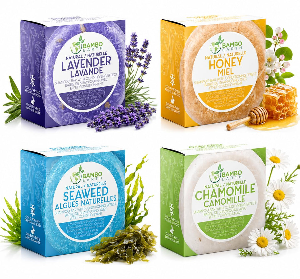 BAMBOEARTH front packaging showing four organic shampoo bars and zero‑waste benefit
