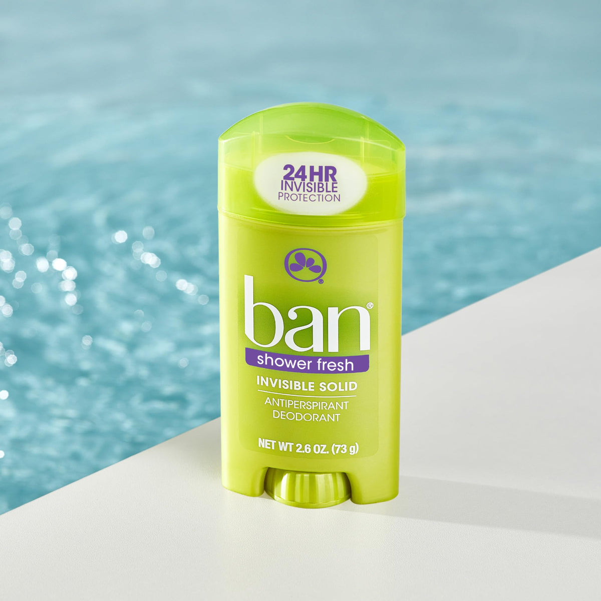 Ban deodorant applied underarm showing smooth, clear finish for no white marks
