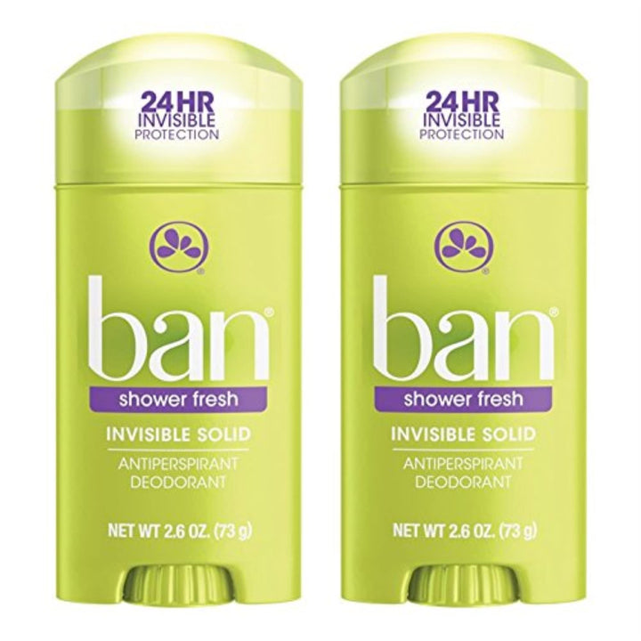 Ban front packaging showing two Shower Fresh sticks and compact travel benefit