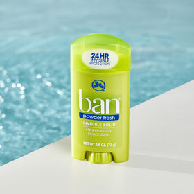 Ban open-cap stick demonstrated applying to underarm for quick dry benefit