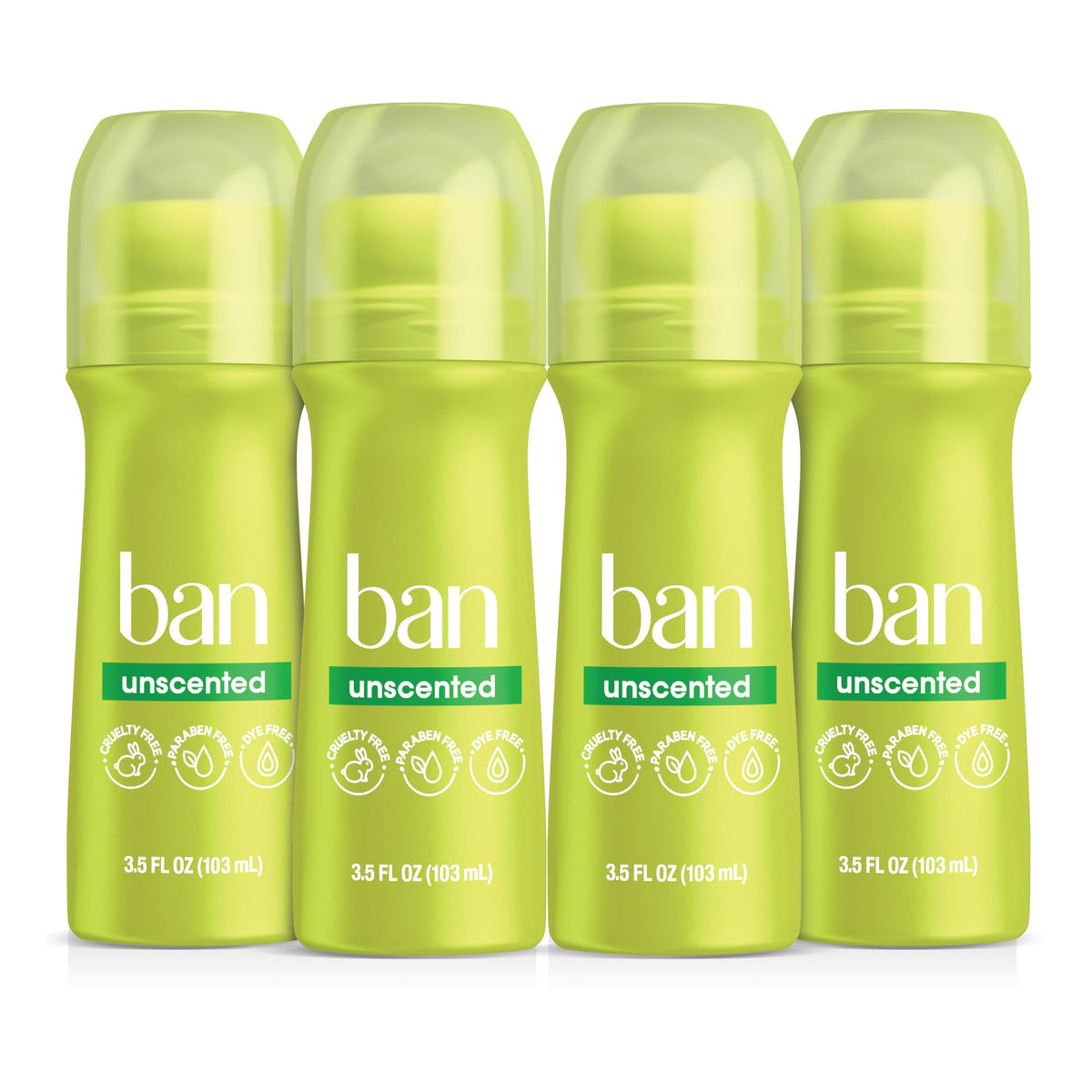 Ban front packaging showing unscented roll-on benefits and size